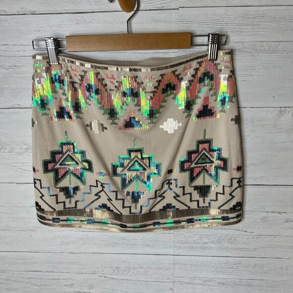 Express Skirt Womens Size S/P Tan Sequin Aztec Mini Sparkle Glam Summertime - Picture 9 of 13